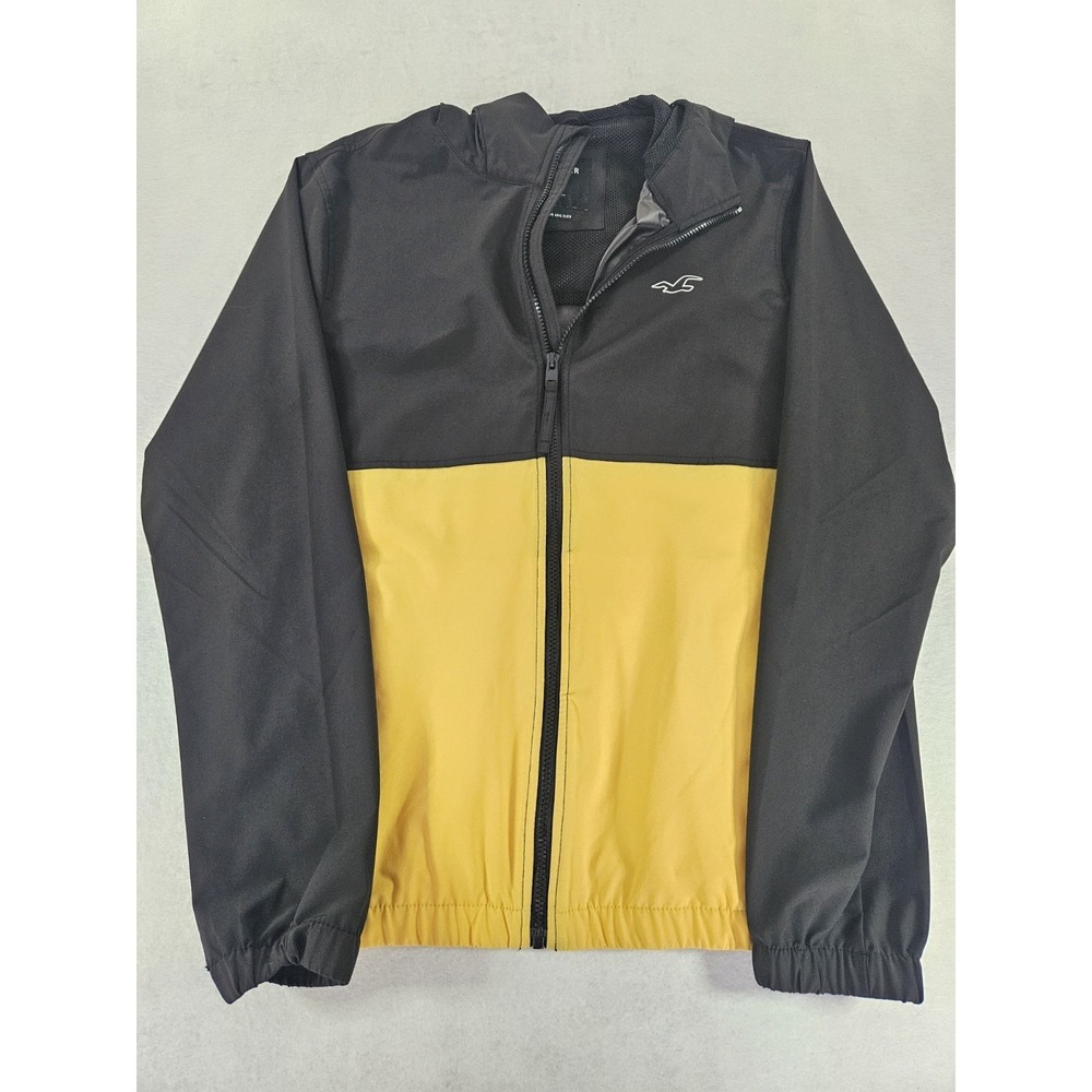 Hollister Colorblock Windbreaker Jacket Mens Medium Black Yellow Hooded Full Zip